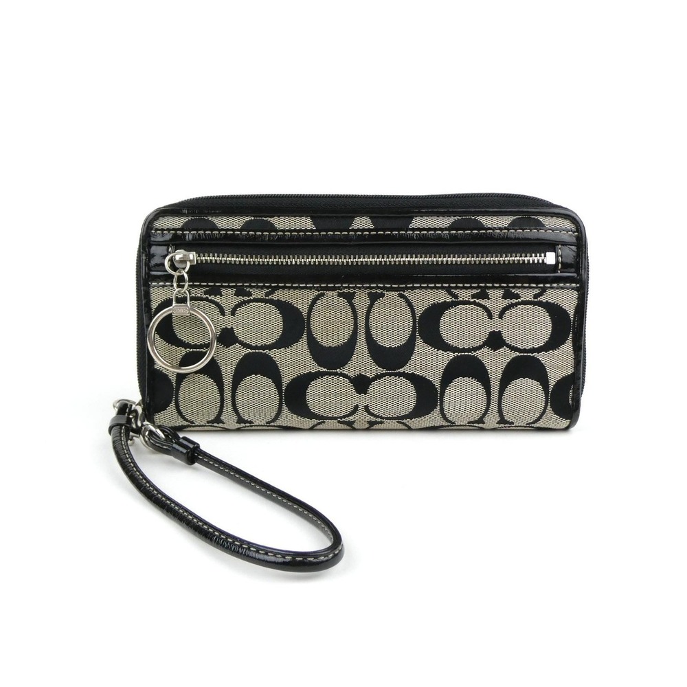Coach Signature Black White Zip Around Wristlet
